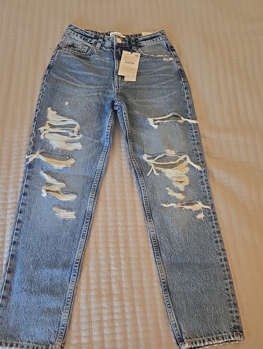 Zara Mid Wash Ripped Classic Mom Fit Jeans NWT